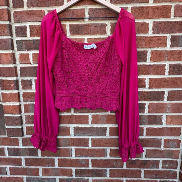 Willow + Root Crochet Cropped Top LG Fuchsia Smocked Sheer Poet Sleeves Romantic - Picture 1 of 10